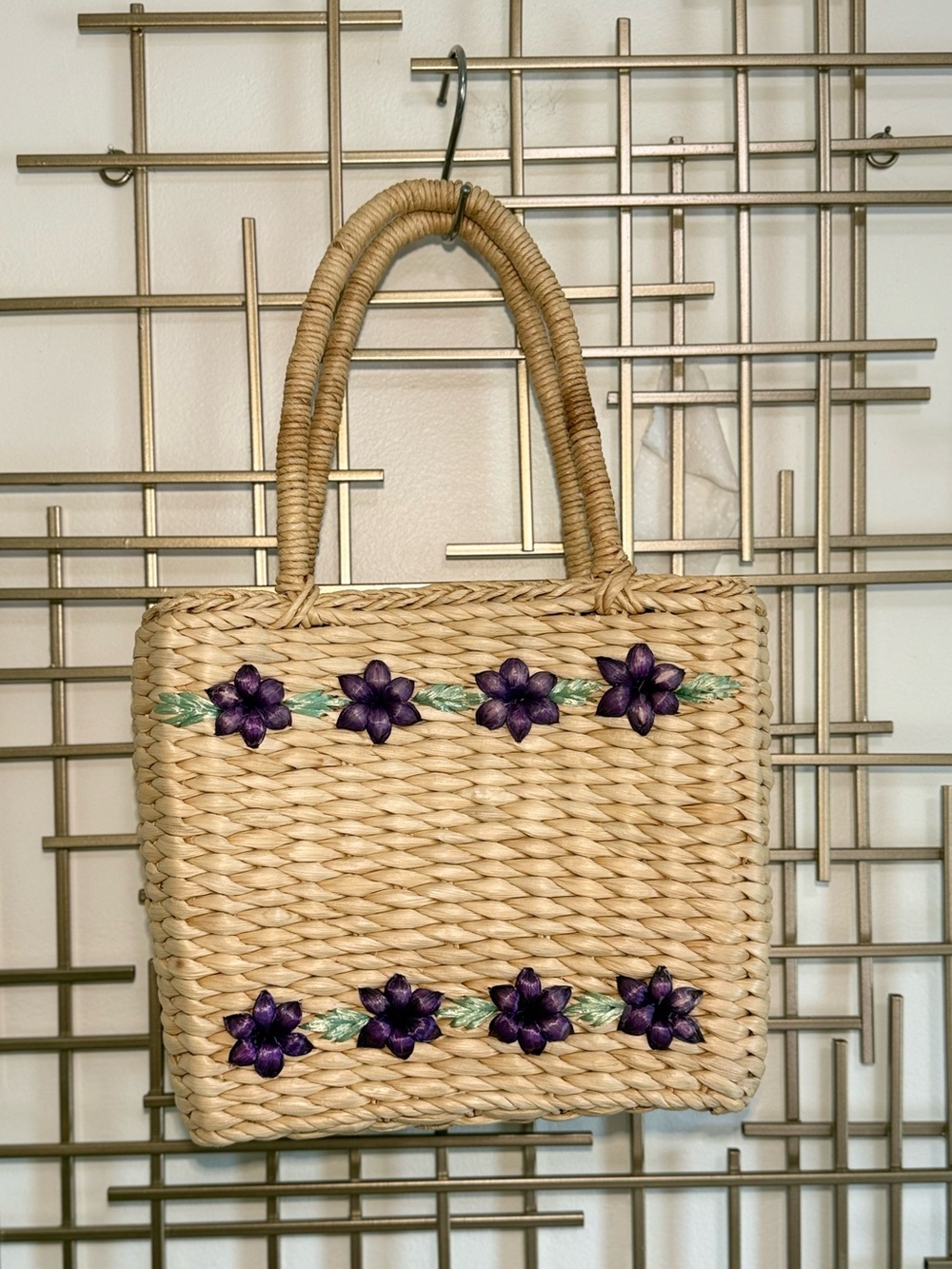Woven Straw Tote with Purple Flower Accents